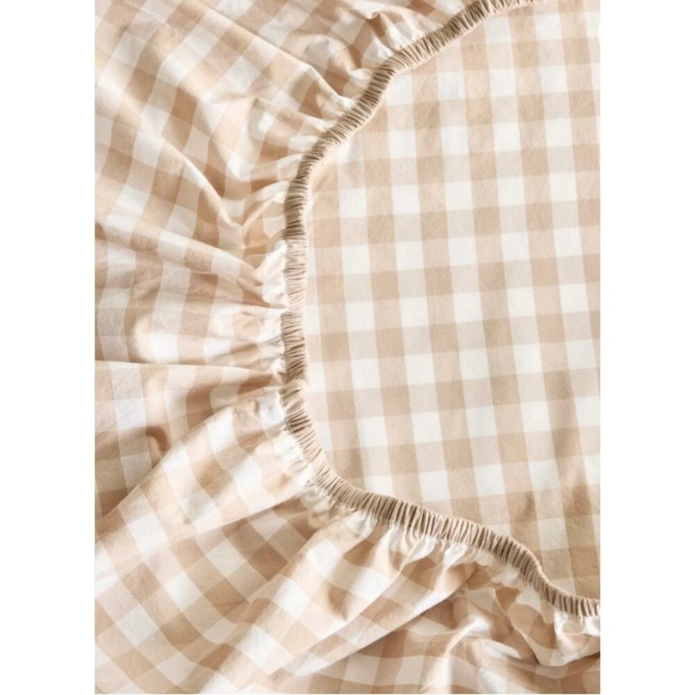 NEW Quince  QUEEN 3 Piece Crisp Percale Gingham Fitted Sheet Set Cafe Brown - Picture 3 of 7